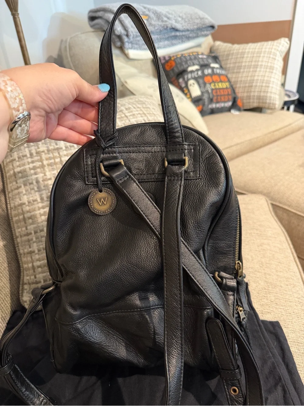 Wanderers Travel Co Pompeii Black Woven Leather Backpack Dust Bag EUC